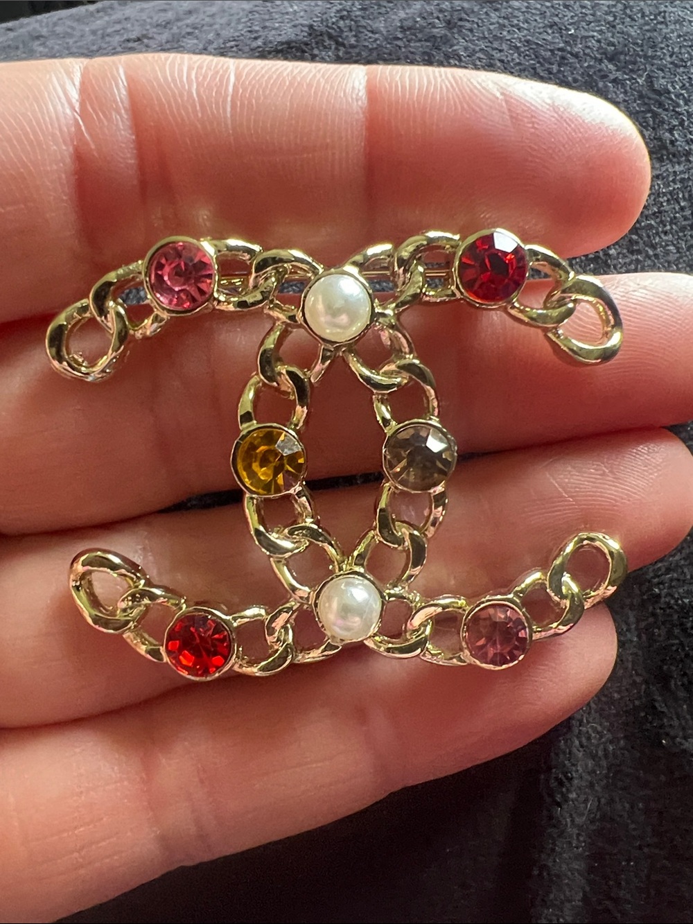 Gold-Tone Crystal Chain Logo Brooch - Multicolor - Picture 7 of 8